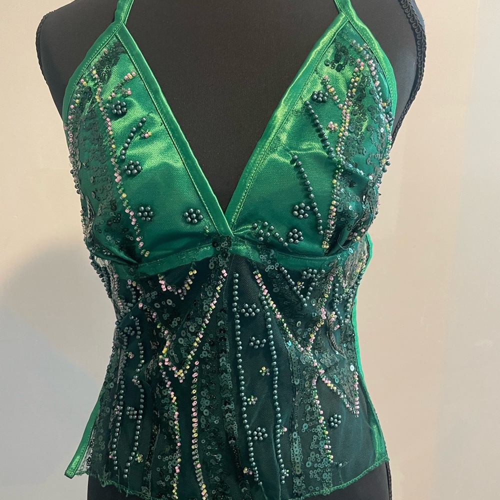 Embellished Emerald Green Spaghetti Strap Tank Top